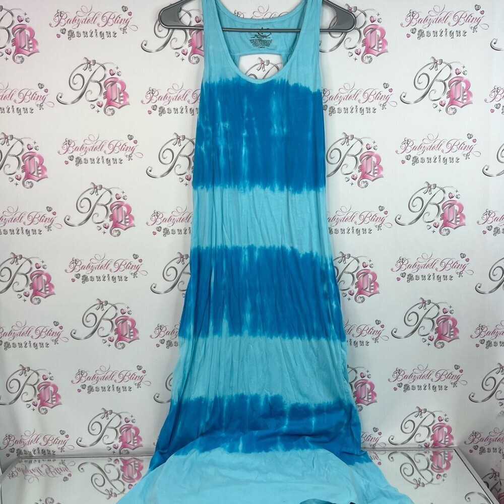 Joe Boxer dress long tie dye stripes open back detail Aqua Blue bright flowy